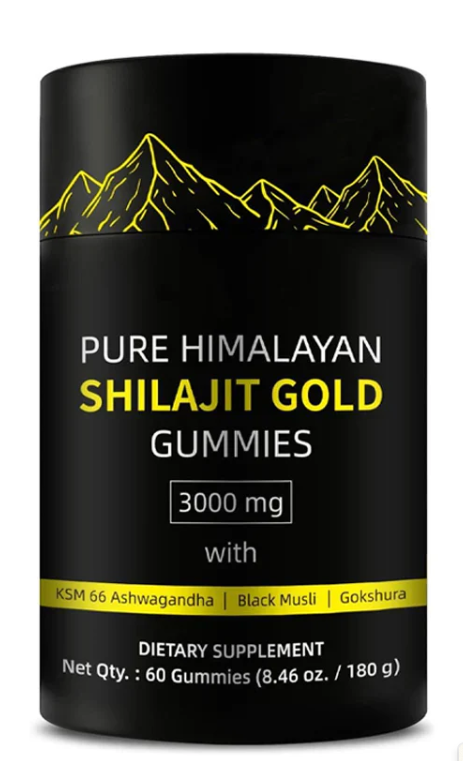 Black container of Pure Himalayan Shilajit Gold Gummies with mountain design on a white background